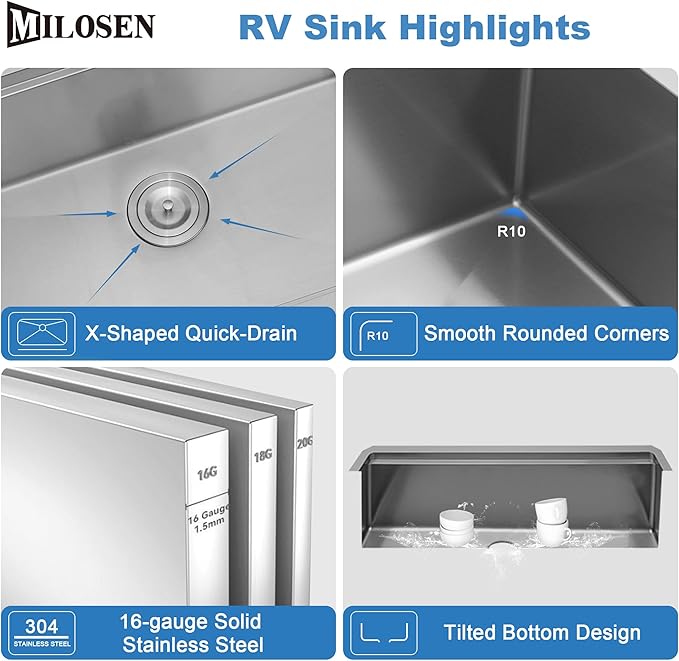 MILOSEN RV Kitchen Sink, 27''×16''×7'' 16 Gauge T304 Stainless Steel Drop-in/Undermount RV Sink, 27 inch Single Bowl Sinks for Caravans/Campervans & Site Cabins, 7 inch Depth Outdoor Trailer Sinks