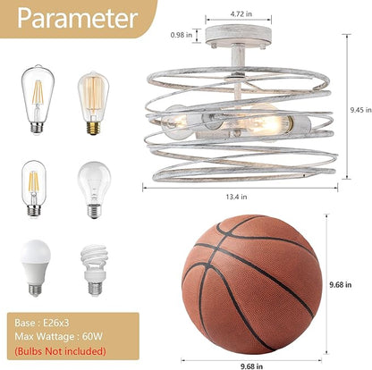 White 3-Light Rustic Drum Semi Flush Ceiling Light Fixture, Retro Farmhouse Chandeliers Metal Cage for Dining Room, Industrial Pendant Light Fixture for Entryway Kitchen Foyer Bedroom