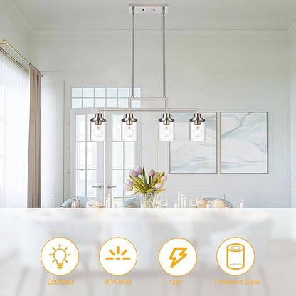 Yaohong 4-Light Brushed Nickel Farmhouse Dining Room Light Fixture, Modern Kitchen Island Chandelier with Clear Glass Shades, Adjustable Ceiling Pendant Lighting for Dining Table and Living Room