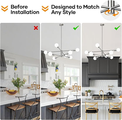 Sputnik Chandeliers Dining Room Light Fixture (8-Light, 30-Inch), Modern Brushed Nickel Chandelier, Height Adjustable Mid Century Modern Chandeliers for Dining Room Kitchen Island (Bulbs Not Included)