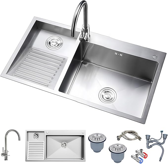 1000mm/39.3Inch Laundry Utility Sink With Washboard Stainless Steel Kitchen Sink with Faucet Household Pool Balcony Room Wash Basin Easy Clean Double-Bowl