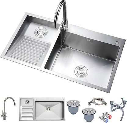 1000mm/39.3Inch Laundry Utility Sink With Washboard Stainless Steel Kitchen Sink with Faucet Household Pool Balcony Room Wash Basin Easy Clean Double-Bowl