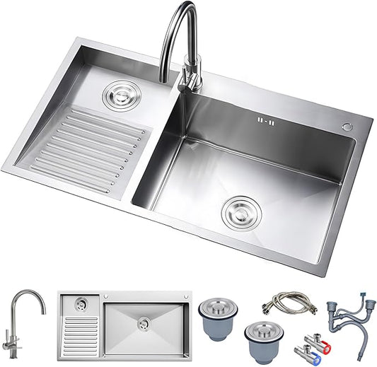 1000mm/39.3Inch Laundry Utility Sink With Washboard Stainless Steel Kitchen Sink with Faucet Household Pool Balcony Room Wash Basin Easy Clean Double-Bowl
