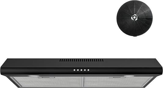FIREGAS 30 Inch Black Under Cabinet Range Hood, Ducted/Ductless Convertible Kitchen Vent Hood with LED Light, 3-Speed Exhaust Fan, Push Button Control, Slim Stove Hood for Modern Kitchen