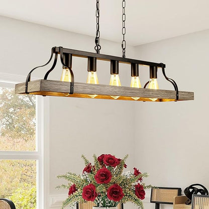 Rustic Farmhouse Chandelier for Dining Room 5-Lights-A Black+Wood