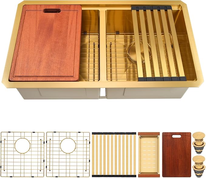 Gold Undermount Kitchen Sink 32 x 18 Inch, 50/50 Double Bowl Kitchen Sinks, 16 Gauge Stainless Steel Workstation Sink with Ledge & Accessories, 32" x 18" x 10" Large and Deep Gold Double Sink