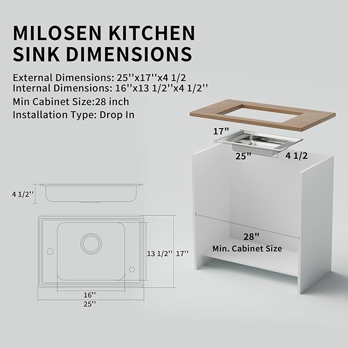 MILOSEN 25''x17'' RV Kitchen Sink, T304 Stainless Steel Drop In Top Mount Camper Sink, Single Bowl Basin with Pre-Drilled Holes & Strainer, 4" Deep Anti-Splash Sink for Mobile Building