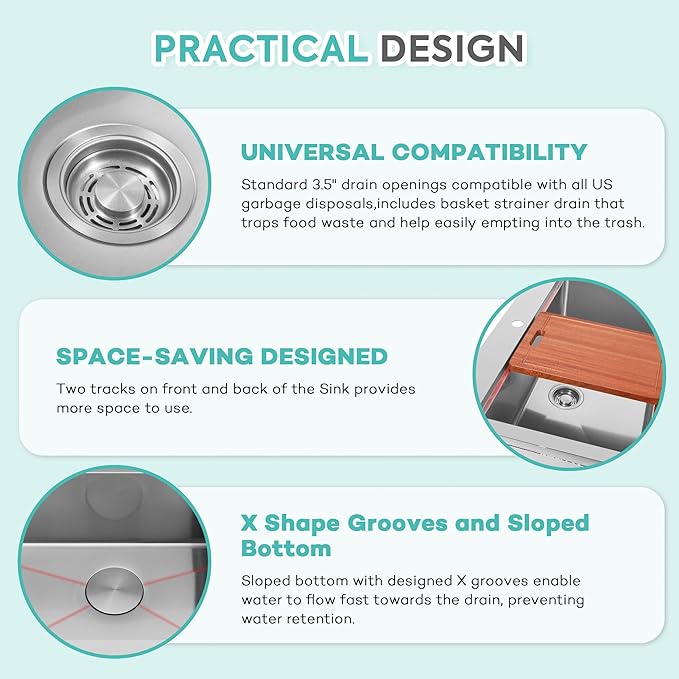 Rhbamoa Drop In Kitchen Sink 31 Inch,16 Gauge T304 Stainless Steel Drop In Kitchen Sinks,Single Bowl Workstation Sink,10 Inch Deep Topmount Sinks with All Accessories