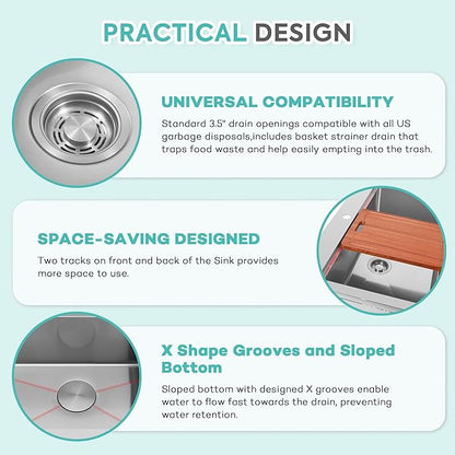 Rhbamoa Drop In Kitchen Sink 31 Inch,16 Gauge T304 Stainless Steel Drop In Kitchen Sinks,Single Bowl Workstation Sink,10 Inch Deep Topmount Sinks with All Accessories