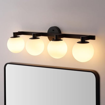 JONATHAN Y 34" Black/White Modern Globe LED Vanity Wall Sconce Light, White Frosted Glass Shade, Mid-Century Art Deco Wall Lamp for Bathroom, Kitchen, Hallway (JYL3543B)