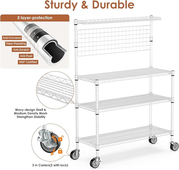 Leteuke 42 Inch Bakers Rack with Wheels, 4-Tier Microwave Stand Kitchen Shelves, NSF Certified Kitchen Storage Cart, Heavy Duty Utility Cart with 20 Hooks & Shelf Liners, 42× 18× 63 Inch, White
