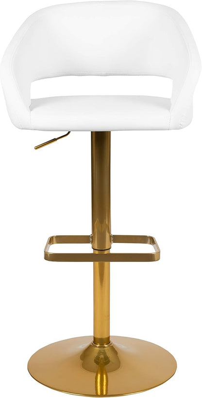 Flash Furniture Erik Contemporary Adjustable Height Barstool with Footrest and Rounded Mid-Back, Upholstered Bar or Counter Height Stool, White/Gold