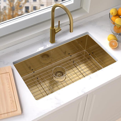 Gold Kitchen Sink 32x18 Inch Undermount Kitchen Sink 16 Gauge Stainless Steel Single Bowl with Accessories Round Corners Handmade