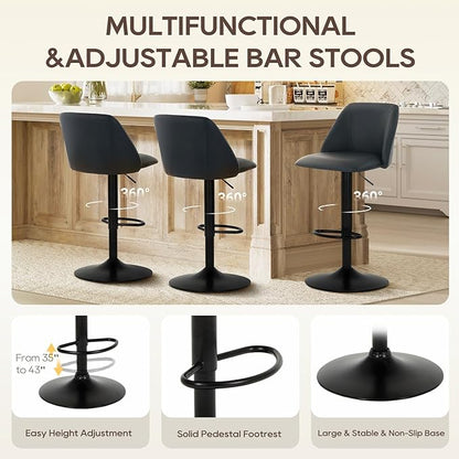 COLAMY Bar Stools Set of 1, Modern Swivel Bar Chairs, Adjustable PU Leather Upholstered Barstools Counter Height with Square Open Back for Bar, Kitchen Island, Dining Room, Black