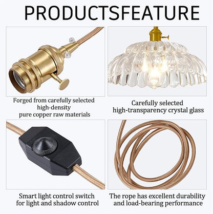 Plug in Pendant -11.8'Light Hanging Lights with in Cord Mid Century Modern Gold Hanging Lamp Flower Glass Amber Vintage Dimmable Chandelier Ceiling Fixture for Living Room,Kitchen, (CT)