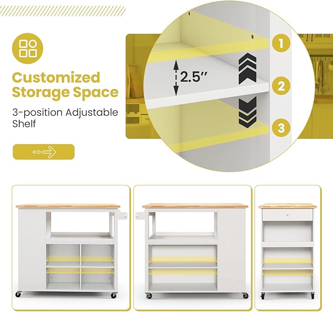 Giantex Kitchen Island Cart on Wheels, Rolling Island Table with Rubber Wood Top, Drawer, 3 Tier Spice Rack, 8 Storage Shelf & Cube, Serving Cart for Dining Room Bar, 46"x23.5"x39" White