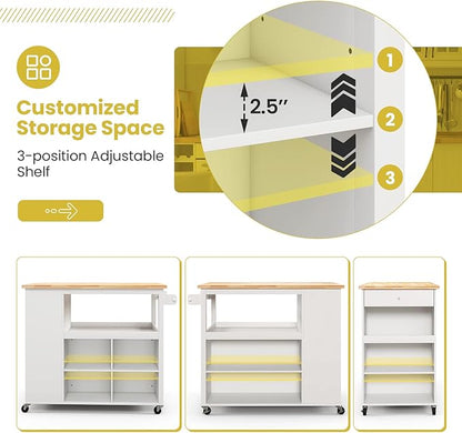 Giantex Kitchen Island Cart on Wheels, Rolling Island Table with Rubber Wood Top, Drawer, 3 Tier Spice Rack, 8 Storage Shelf & Cube, Serving Cart for Dining Room Bar, 46"x23.5"x39" White