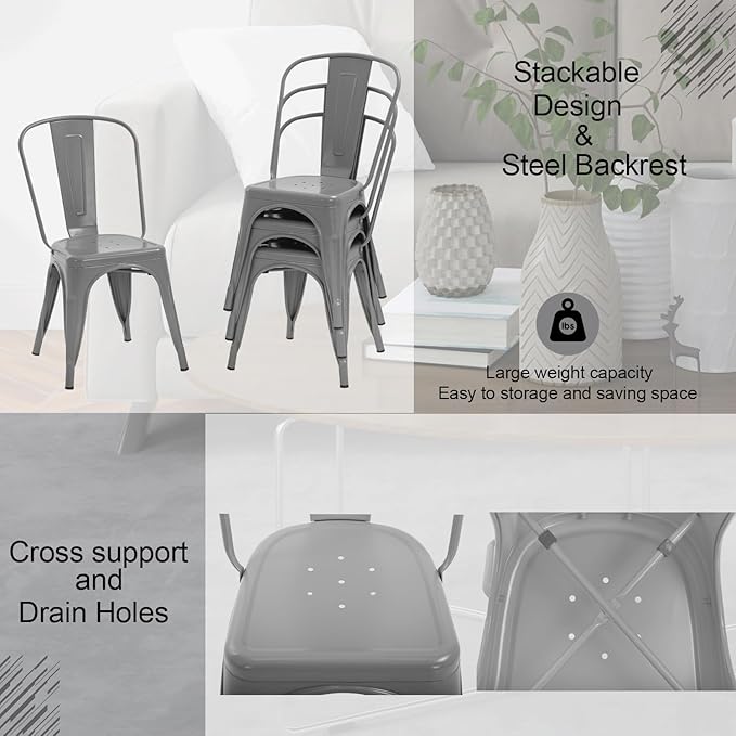 BestOffice 18 Inch Metal Chairs Set of 4 Metal Stackable Chairs Metal Patio Chairs Seat Height Café Restaurant Chairs Metal Dining Chairs Indoor Outdoor with Waterproof Metal Tolix Side Bar Chairs