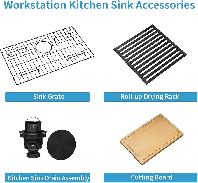 LQS 28 Inch Black Undermount Kitchen Sink, Undermount Kitchen Sink with 10" Deep Single Bowl, 16 Gauage Stainless Steel Material, Workstation Ledge with Abundant Accessories, R10 Round Corner
