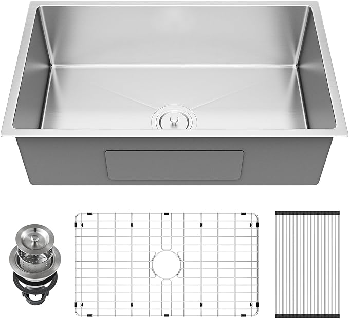 32" x 19" x 9" Kitchen Sink Undermount, S304 Stainless Steel Kitchen Sinks Handmade Modern Single Bowl with Bottom Grid & Drain Assembly