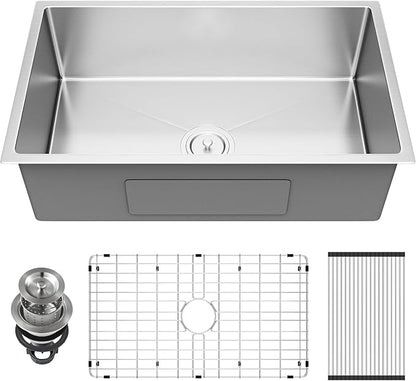 32" x 19" x 9" Kitchen Sink Undermount, S304 Stainless Steel Kitchen Sinks Handmade Modern Single Bowl with Bottom Grid & Drain Assembly