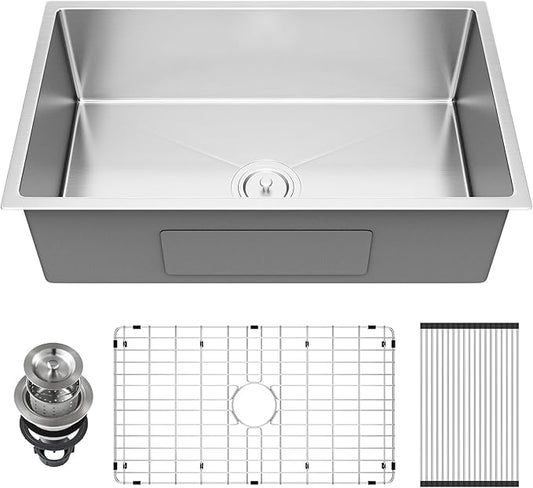 32" x 19" x 9" Kitchen Sink Undermount, S304 Stainless Steel Kitchen Sinks Handmade Modern Single Bowl with Bottom Grid & Drain Assembly