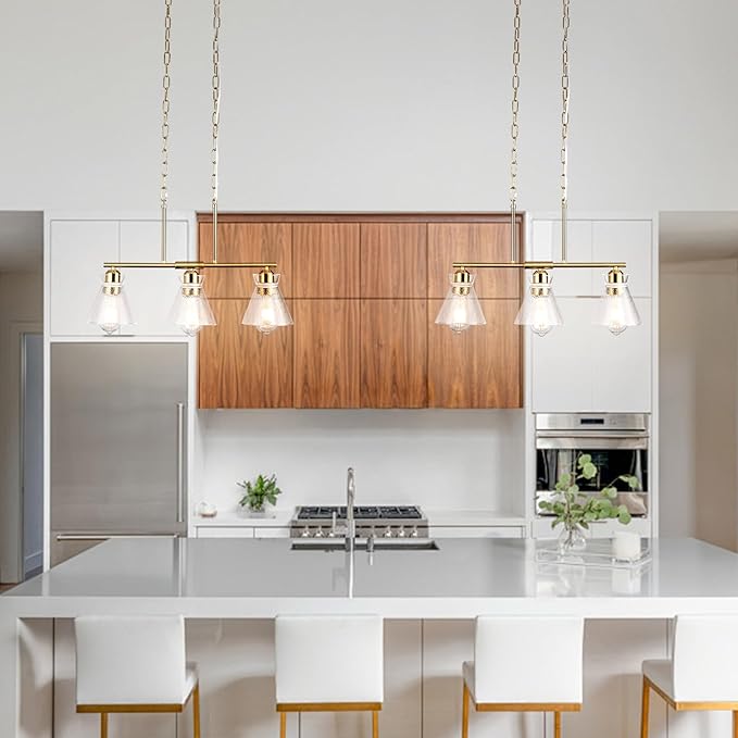 Gold Kitchen Island Lighting, 3-Light Farmhouse Pendant Light with Seeded Glass Shades, Adjustable Dining Room Chandelier for Entryway, Hallway, Foyer, Living Room, Bedroom