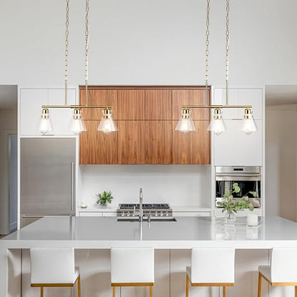 Gold Kitchen Island Lighting, 3-Light Farmhouse Pendant Light with Seeded Glass Shades, Adjustable Dining Room Chandelier for Entryway, Hallway, Foyer, Living Room, Bedroom