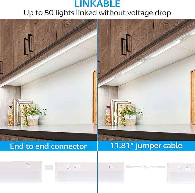 TORCHSTAR Plug in Under Cabinet Lighting, ETL Listed Linkable LED Under Cabinet Light Kit, Individual Control, 12 Inch, 4000K Cool White, 6W, Pack of 4
