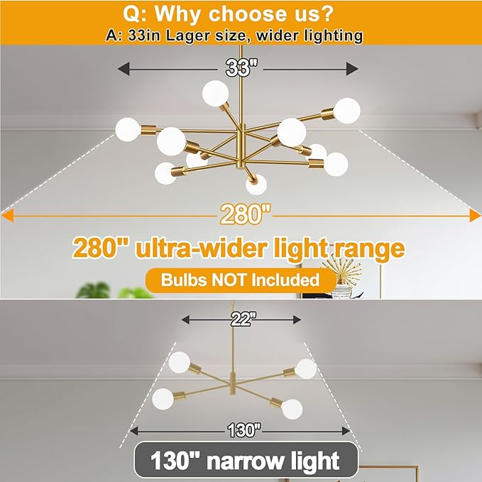 Sputnik Chandeliers Dining Room Light Fixture (10-Light, 32-Inch), Modern Brushed Gold Chandelier, Height Adjustable Mid Century Modern Chandeliers for Bedroom Kitchen Entryway (Bulbs Not Included)
