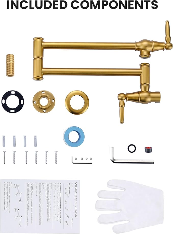 Pot Filler Faucet Brushed Gold: Solid Brass Wall Mount Heavy Duty Stove Pot Filler with Double Joint Swing Arms - Single Hole Commercial Folding Stretchable Faucet 2 Handles for Kitchen Restaurant