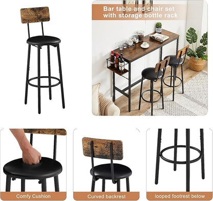 Wycian Kitchen Island Table, Bar Height Outdoor Table 3PCS Particle Board Rustic Brown with Wine Bottle Storage Rack Living Room Bedroom