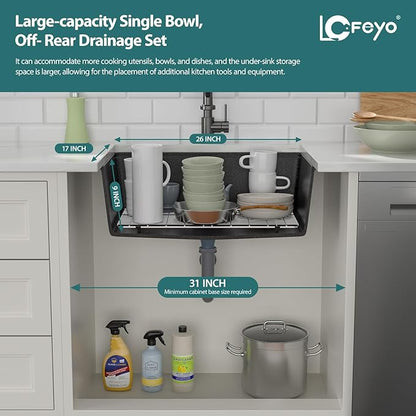 28x19 Inch Undermount Kitchen Sink, Matte Black Granite Composite Ledge Workstation Quartz Sink, Single Bowl Deep Under Counter Sink