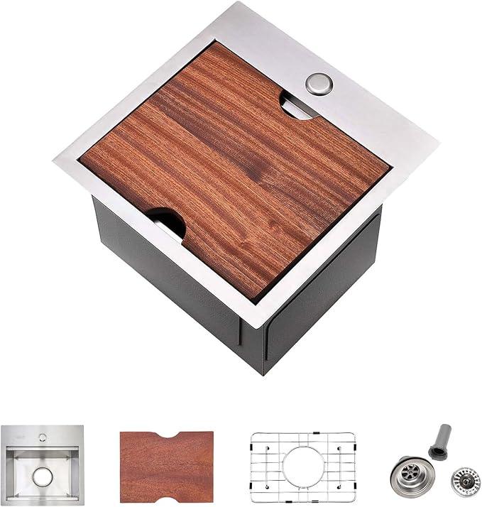 Bar Sink, 15 x 15 Inch Stainless Steel Single Bowl Topmount Small Outdoor RV Handmade Sink with Bottom Rack and Cutting Board