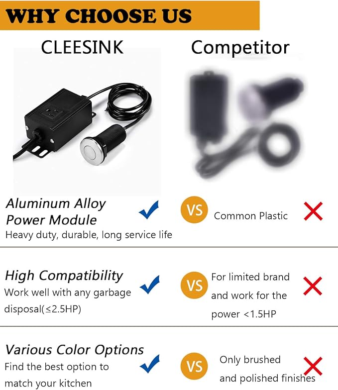 Sink Top Air Switch Kit Garbage Disposal Part by CLEESINK (LONG/3.5", Brushed Nickel Stainless Steel)
