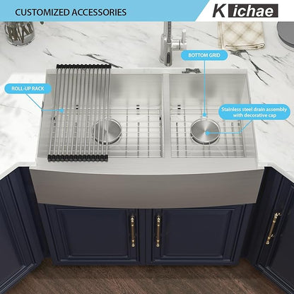 Kichae 33 Apron Double Farmhouse Sink - 33 Inch Apon Front Kitchen Farm Sink Stainless Steel 18 Gauge Double Bowl 60/40 Modern Handmade Farmhouse Sinks Basin
