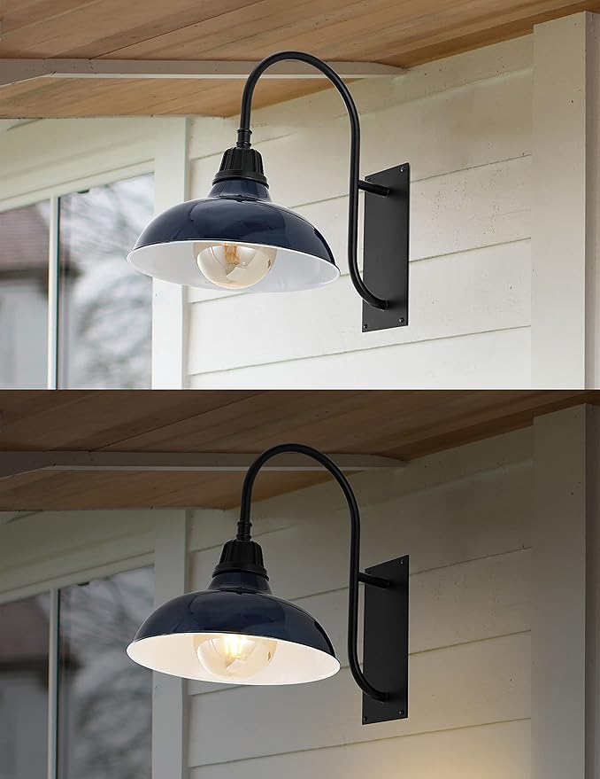 JONATHAN Y 12.25" Navy/Black 1-Light Farmhouse Gooseneck Outdoor Wall Sconce Lamp, with Black Metal Bowl Shade, Industrial Iron LED Porch Light for Patio Garage Entryway (JYL7614C)
