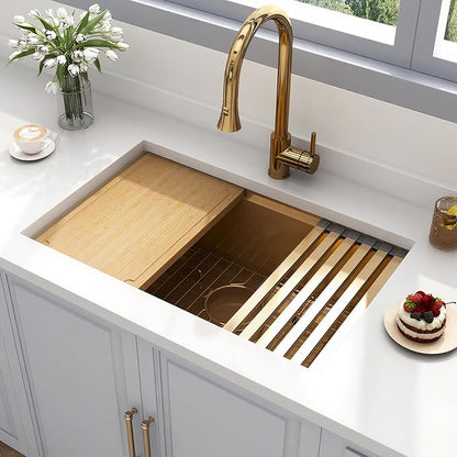 Gold Undermount Kitchen Sink 28 x 18 Inch, 16 Gauge SUS304 Stainless Steel All In One Workstation Sinks with Ledge & Accessories, 28" x 18" x 10" Handmade Single Bowl Gold Kitchen Sink