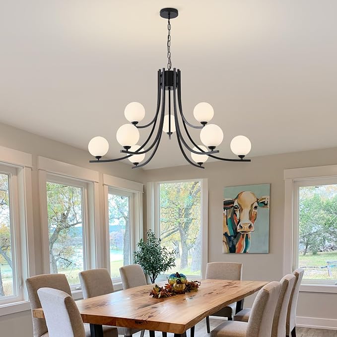 Black Farmhouse Chandelier Modern Sputnik Chandelier for Dining Room Mid Century Chandelier Dining Room Light Fixtures with Withe Glass Globe Shades for Foyer Living Room Kitchen Island