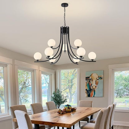 Black Farmhouse Chandelier Modern Sputnik Chandelier for Dining Room Mid Century Chandelier Dining Room Light Fixtures with Withe Glass Globe Shades for Foyer Living Room Kitchen Island