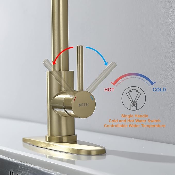 Keer Gold Single Handle Pull Down Kitchen Faucet with Soap Dispenser, 3 Modes Sprayer, Easy Assembly, Single Handle High Arc Stainless Steel Faucet
