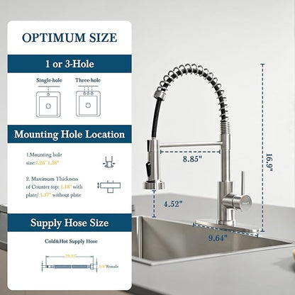 Ibergrif Kitchen Faucets with Pull Down Sprayer, Single Handle Pull Out Spring Sink Faucets High Arc Brushed Nickel Stainless Steel 1 or 3 Hole for RV Laundry Farmhouse Bar