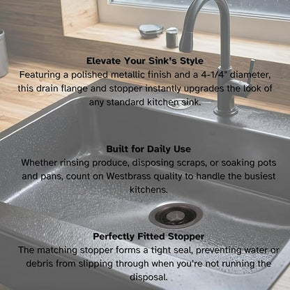 Westbrass A2165-12A 4-1/4" OD Post Style Large Kitchen Basket Strainer with Waste Disposal Flange and Stopper Drain Set, Antique Bronze