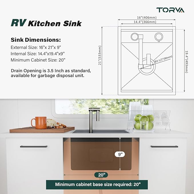 TORVA RV Kitchen Sink, 16 x 21 x 9 Inch Undermount Bar Sink 16 Gauge Stainless Steel Single Bowl Sink with Foldable Faucet Cutting Board, Grey