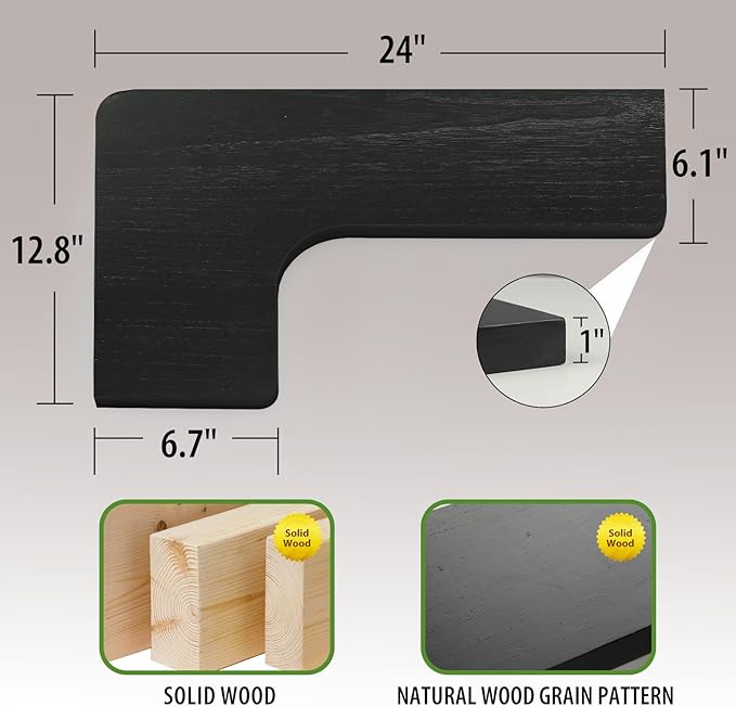 SAUMONIERES Corner Floating Shelves 24 Inch Wall Mount Shelf Solid Wood for Bedroom Bathroom Kitchen Storage Set of 2, Black