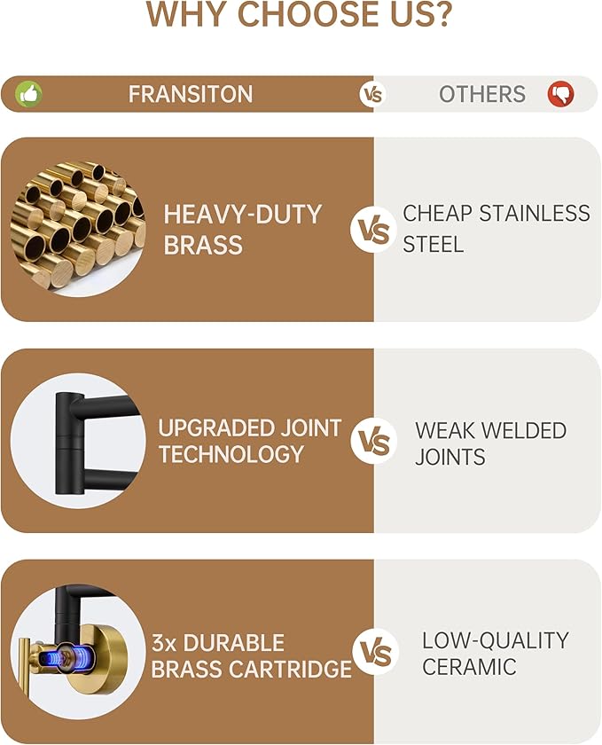 Fransiton Black Gold Pot Filler, Pot Filler Faucet Wall Mount, Brass Folding Stretchable with Double Joint Swing Arm Single Hole Two Handles Kitchen