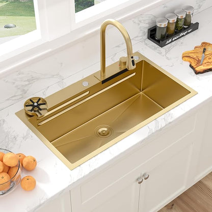 Sarlai 33 Inch Waterfall Kitchen Sink - 33x19 Gold Waterfall Drop In Sink Workstation Stainless Steel 16 Gauge Sink Multifunction Single Bowl Smart Top Mount Kitchen Sinks with Faucet Combo