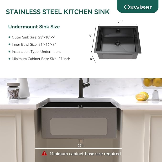 Kitchen Sink 23x18 Inch Undermount Kitchen Sink Gunmetal Black 16 Gauge Stainless Steel Single Bowl with Accessories Round Corners Handmade
