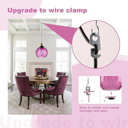 Purple Hanging Lights Plug in Pendant Lights Handblown Glsss Chandelier Plug in Light with Ceiling, Purple Glass Pendant Light for Kitchen Island, Dining Room, E26, No Bulb, 2 Pack