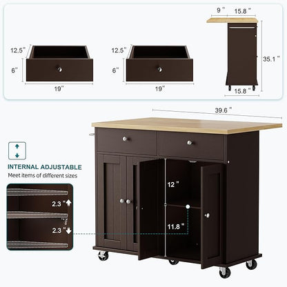 Shintenchi Kitchen Island with Drop Leaf, Rolling Kitchen Cart with Storage on Wheels, Table Bar Cart for Kitchen with Towel Rack & Seating Area for Dining Room, Brown